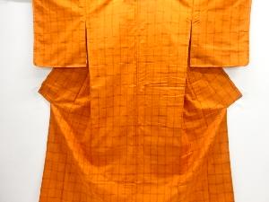 リサイクル　未使用品　格子に霞模様織出し手織り紬着物